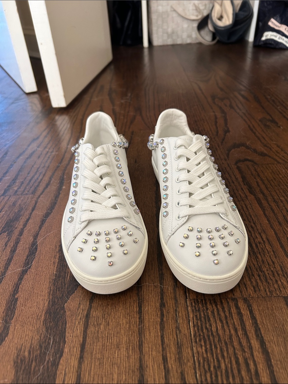 Stuart Weitzman White Rhinestone-Studded Leather Sneakers